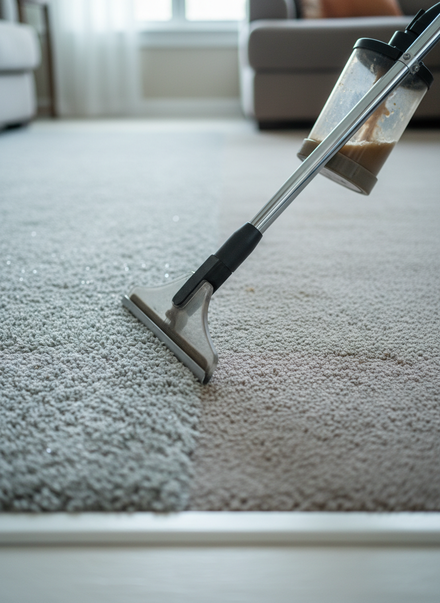 A close-up, photographic realism shot of a high-quality light gray carpet divided diagonally: one half spotless and bright, the other faintly dull with subtle stains. A sleek, commercial-grade carpet cleaning wand with a transparent head passes over the carpet, visibly extracting dirty water into its clear chamber. The setting is a modern Denver home interior with a clean white baseboard along the edge, softly out of focus. Cool, diffused daylight from an unseen window provides even, natural lighting that reveals every fiber and color nuance. Captured from a low, side angle with shallow depth of field, the composition dramatizes the transformation from dirty to clean, conveying effectiveness, precision, and professional care.